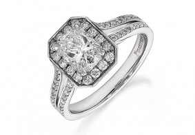 Phoenix Cut™ ring surrounded with pave set brilliant diamonds and split shoulders